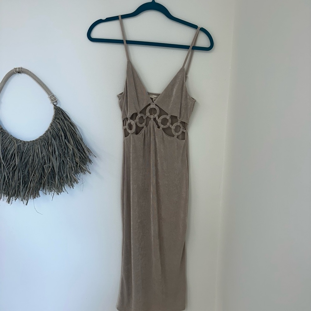 Elegant Tan Midi Dress with Cutout Design
